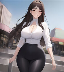 1girls ai_generated big_breasts black_legwear blouse breasts brown_hair business_woman child_bearing_hips cleavage collar eyelashes eyeliner female female_only hi_res long_hair makeup nai_diffusion original red_eyes shirt smile stable_diffusion stuffyai thick_thighs tight_clothing tight_fit very_long_hair wide_hips rating:Questionable score:265 user:Arandomgrape