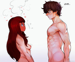 1boy 1female 1girls 1male abs absurdres akira_kurusu atlus black_hair blush blushing breasts chest completely_nude deep_blush english_text eye_contact female fluffydango flustered flying_sweatdrops from_side full-face_blush glasses head_steam heart hearts heavy_blush highres joker_(persona) kasumi_yoshizawa long_hair looking_at_another male_chest megami_tensei muscular muscular_male nipples nude persona persona_5 persona_5_royal red_hair ren_amamiya small_breasts sumire_yoshizawa text trembling wholesome rating:Explicit score:352 user:bot