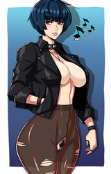 1girls absurdres alecto_0 bangs between_breasts big_breasts black_hair black_jacket blue_background breasts brown_eyes brown_lips brown_pantyhose busty cleavage collar covered_navel cowboy_shot crotchless crotchless_pantyhose curvy eyelashes female female_pubic_hair hand_in_pocket high-waist_pantyhose highres jacket jewelry large_breasts leather leather_jacket looking_at_viewer multiple_rings musical_note no_bra no_pants no_shirt open_jacket outside_border pantyhose pendant persona persona_5 pubic_hair pussy ring seductive sensual short_hair sleeves_pushed_up smile solo standing studded_bracelet studded_collar tae_takemi thick_thighs thighs thumb_ring torn_pantyhose uncensored voluptuous rating:Explicit score:428 user:bot