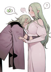 2girls ? alternate_hair_color bare_shoulders battery_indicator blush breast_pillow breast_smother breasts byleth_(fire_emblem) byleth_(fire_emblem)_(female) commentary_request dress enlightened_byleth_(female) face_to_breasts female female_only fire_emblem fire_emblem:_three_houses from_side green_eyes green_hair grey_jacket highres ikarin jacket large_breasts long_hair looking_at_another multiple_girls nintendo off-shoulder_dress off_shoulder older_female parted_lips pointy_ears rhea_(fire_emblem) simple_background speech_bubble spoken_question_mark thought_bubble very_long_hair white_background white_dress yuri rating:Questionable score:136 user:kris923