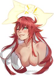 broken_halo bust eerieeyes guilty_gear halo jack-o'_valentine long_hair medium_breasts nude one_eye_closed portrait red_hair smile white_background rating:Explicit score:143 user:upgrade