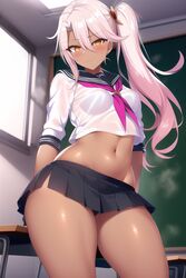 1girls ai_generated ass blonde_hair breasts brown_skin chloe_von_einzbern classroom dark-skinned_female dark_skin fate/grand_order fate/kaleid_liner_prisma_illya fate_(series) female hips indoors long_hair nai_diffusion naughty_face orange_eyes petite petite_body pink_hair school_uniform schoolgirl slim_waist small_breasts smile stable_diffusion suggestive_look thick_thighs thighs thunder_thighs two_tone_hair wide_hips rating:Questionable score:413 user:Azure_Shadow