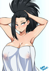 1girls armpit_fetish armpits arms_behind_head arms_up artist_signature black_hair breasts female huge_breasts large_breasts light-skinned_female light_skin long_hair lord_socar momo_yaoyorozu my_hero_academia nipples nipples_visible_through_clothing ponytail see-through simple_background towel towel_only wet wet_body rating:Explicit score:257 user:Azure_Shadow