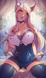 1girls ahri big_breasts blonde_hair cameltoe cleavage female female_only groping_breasts himmely k/da_ahri k/da_series league_of_legends nipple_bulge thighhighs vastaya rating:Questionable score:123 user:deleted8863