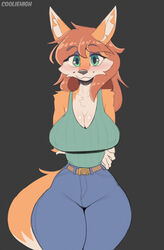 :3 anthro anthro_only belt big_breasts blush breasts cleavage cooliehigh fox fox_ears fox_tail green_eyes green_tank_top hourglass_figure jeans red_hair tail tank_top terraria thick_thighs wide_hips zoologist_(terraria) rating:Questionable score:181 user:The_thing69