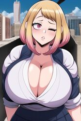 ai_generated alternate_hair_color big_ass big_breasts bimbo bimbofication blonde_hair cleavage confused confusion gyaru hero_outfit_(mha) heroine huge_breasts my_hero_academia nai_diffusion ochako_uraraka one_eye_closed outside pink_eyes pink_hair public school school_uniform schoolgirl stable_diffusion transformation rating:Questionable score:376 user:MHAxBNHA