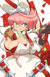 ahoge animal_ears artist_name belt between_breasts blue_eyes blush breasts bridal_veil cleavage clover commentary dress earrings elphelt_valentine fake_animal_ears female flower food four-leaf_clover fruit guilty_gear guilty_gear_xrd gun hair_between_eyes hairband handgun highres holding holding_gun holding_weapon huge_ahoge huge_breasts jellcaps jewelry large_breasts paper petals pink_hair rabbit_ears red_background red_flower red_rose rose short_hair smile solo spiked_hairband spikes strawberry symbol-only_commentary tongue tongue_out veil weapon wedding_dress rating:Questionable score:66 user:kallen2020