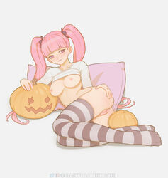 2d absurdres artist_name ass bangs bartolomeobari blunt_bangs blush bottomless breasts clothes_lift commentary english_commentary female female_only full_body grey_background hand_on_own_ass highres jack-o'-lantern large_breasts light-skinned_female light_skin long_hair long_sleeves looking_at_viewer lying nipples no_bra no_panties no_shoes nsfw on_side one_piece pale-skinned_female pale_skin perona pillow pink_hair pink_nipples pumpkin purple_eyes pussy reclining shirt shirt_lift simple_background smile solid_color_background solo striped striped_thighhighs thighhighs twintails uncensored white_shirt rating:Explicit score:609 user:bot