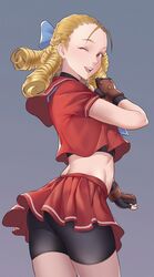 2019 bike_shorts blonde_hair brown_eyes capcom cheshirrr curled_hair fingerless_gloves hairbow karin_kanzuki looking_back_at_viewer school_uniform shorts skirt smiling_at_viewer street_fighter winking_at_viewer rating:Questionable score:73 user:Mr7Reality