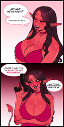 1girls absurd_res arm_under_breasts big_breasts black_sclera brown_hair charlotte_(succuboos) choker cleavage closed_eyes demon_girl demon_tail dialogue dress english_text female female_only female_threatening gun holding_gun long_hair looking_at_viewer milf no_nut_november original original_character pointy_ears red_eyes red_lipstick red_skin smiling smiling_at_viewer solo speech_bubble succuboos succubus tail talking_to_viewer threatening two_panel_image rating:Questionable score:191 user:!nner$elf89