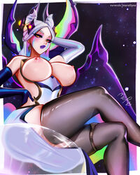 1girls arms_up big_breasts hair_ornament league_of_legends looking_at_viewer merellyne morgana nipples partially_clothed sitting solo star_guardian_series star_nemesis_morgana thick_thighs topless white_hair yellow_eyes rating:Explicit score:271 user:LukeSkyLuke