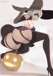 1girls armwear ass big_ass black_gloves black_panties black_skirt blindfold bottomwear breasts dat_ass emil_(nier) eyewear female female_only garter_straps gloves hair halloween hat headwear heels high_heels huge_ass jack-o'-lantern lips mole mole_under_mouth nier nier:_automata nier_(series) panties pumpkin skirt solo solo_female thick_thighs thigh_boots thighs white_hair witch witch_costume witch_hat yorha_2b zelc-face rating:Explicit score:217 user:daft_human