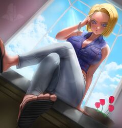 1girls accessory android_18 big_breasts blonde_hair blue_eyes bracelet breasts cleavage clothing dragon_ball dragon_ball_z ear_piercing earrings elitenappa female female_only huge_breasts legs_crossed looking_at_viewer milf pants piercing realistic shoes sitting sleeveless_shirt solo rating:Explicit score:179 user:Rex_Hollins