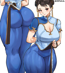 1girls absurd_res absurdres ass bangs blue_pants blush bracelet breasts brown_eyes brown_hair bubble_ass bubble_butt china_dress chinese_clothes chun-li cleavage clothing_cutout cromwellb double_bun dress feet female female_only fully_clothed hair_bun hair_ribbon highres huge_ass huge_thighs jewelry large_ass large_breasts lifting_skirt long_hair looking_at_viewer multiple_views muscular muscular_ass muscular_female pants pelvic_curtain ribbon short_sleeves showing_ass simple_background smile smiling solo street_fighter street_fighter_6 thick_thighs thighs thunder_thighs tight tight_clothing tight_pants wide_hips yellow_ribbon rating:Questionable score:267 user:IPfreely