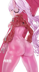 alice_(nikke) ass back bangs big_ass big_butt blush bodysuit breasts cropped_jacket female gloves goddess_of_victory:_nikke headphones highres jacket large_ass latex latex_bodysuit light-skinned_female long_hair long_sleeves medium_breasts nice_ass pink_bodysuit pink_eyes pink_gloves pink_hair pink_outfit red_jacket sidelocks skin_tight smile solo solo_female thighs twintails uenoryoma rating:Questionable score:127 user:darkcrystal35