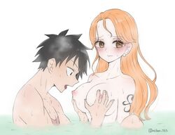 1boy 1boy1girl 1girls areolae bath bathing big_breasts black_hair blush breast_focus breast_grab breasts completely_nude couple curious curvy_female embarrassed embarrassed_nude_female fondling fondling_breast long_hair mikan_733 monkey_d_luffy muscular_male nami nipples nude one_piece orange_hair post-timeskip scar short_hair water wet_body wet_hair wholesome rating:Explicit score:111 user:lespam_605