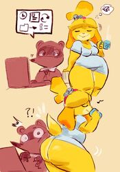 2022 alternate_body_type alternate_breast_size animal_crossing ass bottomless breasts bubble_butt isabelle_(animal_crossing) kiseff nintendo thick_thighs thighs tom_nook rating:Questionable score:106 user:RISE-16