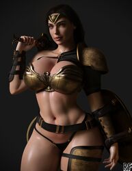 1girls 3d 3d_(artwork) amazon armor big_breasts bikini_armor curvaceous dc dc_comics diana_prince female female_only gal_gadot looking_at_viewer rude_frog shield skimpy_armor solo sword thong warrior wonder_woman wonder_woman_(series) rating:Questionable score:143 user:ifs