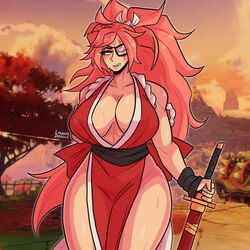 1girls baiken blush cleavage cosplay embarrassed eye_patch eye_scar face_markings face_paint facepaint female female_only guilty_gear guilty_gear_strive katana king_of_fighters large_breasts loggus_doggus long_hair mai_shiranui_(cosplay) ninja pink_hair ponytail red_eyes samurai scar solo sweat sweatdrop wide_hips wild_hair rating:Safe score:97 user:Log_draws