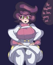 big_breasts captain_kirb chubby glasses huge_breasts open_mouth pokemon pokemon_sm skirt speech_bubble sweater sweater_lift thick_thighs wicke_(pokemon) rating:Questionable score:89 user:ExtremeFart