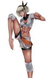 1girls abs bangs barefoot bea_(pokemon) black_hairband blue_eyes bow_hairband breasts closed_mouth collared_shirt crop_top dark-skinned_female dark_skin feet female female_focus female_only grey_hair hair_between_eyes hairband knee_pads leg_lift legs_up looking_at_viewer medium_breasts muscles muscular muscular_female nintendo only_female pokemon pokemon_ss print_shirt print_shorts shiny shiny_clothes shiny_hair shiny_skin shirt short_hair short_sleeves shorts side_slit side_slit_shorts simple_background solo solo_focus standing standing_on_one_leg thighs tomboy toned white_background yakan_(mihag3000) rating:Questionable score:82 user:WopieDopie