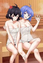 2girls ahoge anger_vein bare_legs bare_shoulders barefoot black_hair blue_eyes blue_hair breasts commission crossed_legs dual_persona english_commentary facing_viewer female female_only fire_emblem fire_emblem_awakening fire_emblem_heroes grima_(fire_emblem) highres igni_tion looking_at_another looking_at_viewer medium_breasts medium_hair morgan_(female)_(devoted_darkness)_(fire_emblem) morgan_(female)_(fire_emblem) morgan_(fire_emblem) morgan_(fire_emblem)_(female) multiple_girls multiple_persona naked_towel nintendo one_eye_closed red_eyes sauna short_hair sweating toes towel towel_only rating:Questionable score:38 user:goldyroger