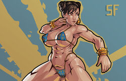 1girls action_pose alternate_costume alternate_version_available athletic athletic_female big_breasts bracelet breasts brown_eyes brown_hair busty capcom chun-li chun-li_(cover_girl) earrings equinox006 female female_focus female_only hourglass_figure navel pinup pinup_pose pose posing solo street_fighter tied_hair twin_buns wide_hips rating:Explicit score:20 user:droid377