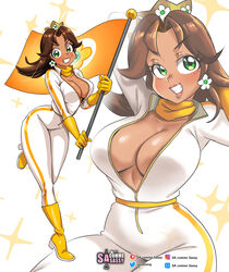 1girls big_ass big_breasts bodysuit brown_hair clothing dark_skin female female_only flag footwear full_body green_eyes handwear human inner_sideboob jumpsuit mario_(series) mario_kart multiple_views neckwear nintendo princess_daisy racing_suit sasatseng solo tan_skin thick_thighs unzipped unzipped_bodysuit wide_hips rating:Explicit score:147 user:SpaceManBlue