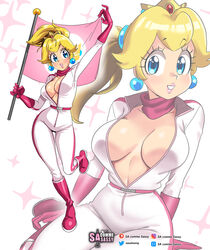 1girls big_breasts blonde_hair blue_eyes bodysuit clothing female female_only flag footwear full_body handwear human inner_sideboob jumpsuit mario_(series) mario_kart multiple_views nintendo pale_skin ponytail princess_peach racing_suit sasatseng solo unzipped unzipped_bodysuit wide_hips rating:Explicit score:144 user:SpaceManBlue