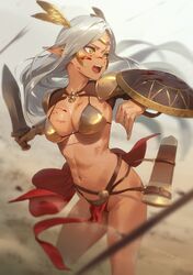 1girls armor bikini bikini_armor blood breasts brown_skin circlet cleavage dark-skinned_female dark_elf dark_skin elf fantasy female gold_(metal) gold_jewelry jewelry kinta_(distortion) loincloth loincloth_aside medium_breasts midriff original outdoors outside pelvic_curtain pointy_ears shield solo string_bikini swimsuit sword thighs toned toned_female weapon white_hair yellow_eyes rating:Questionable score:111 user:oldspice1