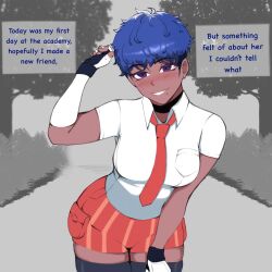  1girls blue_hair blush choker dark-skinned_female dark_skin english_text female female_only fingerless_gloves hi_res looking_at_viewer md_doubled mole mole_under_eye mole_under_mouth necktie nintendo pokemon pokemon_sv purple_eyes shirt short_hair smiling smiling_at_viewer solo text text_box zoraida_(nyantcha)  rating:questionable score: user:bot