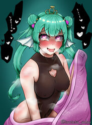 1girls bare_hips bare_shoulders belly_button big_breasts blush exposed_shoulders finana_ryugu finana_ryugu_(2nd_costume) flower flower_in_hair green_hair hair_bun hair_ornament head_fins heart-shaped_pupils heavy_blush heavy_breathing horny invicta_solar looking_at_viewer medium_breasts navel nijisanji nijisanji_en purple_eyes skin_tight skin_tight_suit solo solo_female solo_focus sweat sweating taking_off tight_clothes tight_clothing twintails virtual_youtuber rating:Explicit score:35 user:Lasspida2