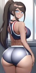 ai_generated asahina_aoi ass blue_eyes bubble_butt danganronpa danganronpa:_trigger_happy_havoc dark-skinned_female dark_skin gym gym_uniform hand_on_hip huge_ass large_breasts looking_at_viewer looking_back midriff n.c.b_ai nai_diffusion ponytail shorts smile sports_bra stable_diffusion rating:Explicit score:348 user:N.C.B