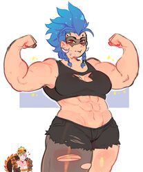 1boy 1girls 2d abs background_character blue_hair braided_hair character_in_background fauxhawk_(hairstyle) female female_focus flexing flexing_bicep hanaarts hi_res human junker_queen junkrat looking_at_viewer male muscles muscular muscular_female no_visible_genitalia one_thighhigh overwatch overwatch_2 red_eyes shorts thick_thighs topwear torn_thighhighs rating:Questionable score:72 user:!nner$elf89