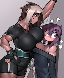 2girls belt blue_eyes blush breasts brown_hair fingerless_gloves flustered kabedon large_breasts maya_(roadi3) muscular_female original purple_hair roadi3 sierra_(glazdon) size_difference standing workout_clothes yuri rating:Explicit score:140 user:Astrasen