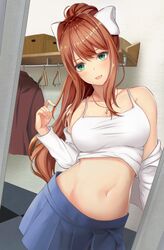 1girls bare_midriff bare_shoulders bare_stomach belly belly_focus big_breasts blue_skirt blush blushing bow breasts brown_hair cleavage close-up closet collarbone doki_doki_literature_club dressing excited female female_focus female_only getting_dressed getting_undressed green_eyes hairbow happy happy_female head_tilt hips hourglass_figure human human_focus human_only light-skinned_female light_skin long_hair midriff midriff_focus monika_(doki_doki_literature_club) navel necklace nurumaru_yu playing_with_hair ponytail pose posing putting_clothes_on shirt shirt_up skirt slightly_chubby smile smiling smiling_at_viewer solo solo_female stomach taking_clothes_off tank_top tank_top_up tummy undressing upper_body white_bow white_shirt white_tank_top wholesome rating:Questionable score:199 user:RaisinWon