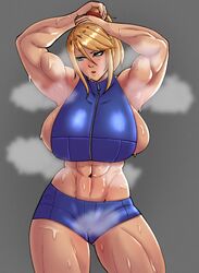 1girls 2021 abs armpits beauty_mark big_breasts big_muscles blonde_hair blue_eyes breasts extreme_muscles female female_focus grey_background huge_breasts metroid muscular muscular_arms muscular_female musk nintendo ponytail ritax samus_aran sideboob simple_background solo solo_female solo_focus steam strongmoist sweat sweating thick_thighs thighs thunder_thighs tied_hair tight_clothing tying_hair rating:Questionable score:172 user:LostinSauce