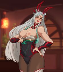 breasts breasts_out grey_hair irelia_xan league_of_legends league_of_legends:_wild_rift mythmaker_irelia mythmaker_series pepprnsalt rating:Explicit score:80 user:Zeri_Momazos