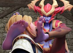 2girls 3d asagamiyo barefoot black_toenails dragon_girl feet feet_licking femdom foot_fetish foot_licking foot_worship league_of_legends luxanna_crownguard purple_skin shyvana soles rating:Explicit score:177 user:fruzencyrol