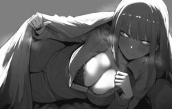 1girls blush bra breasts chainsaw_man closed_mouth creepy_smile glowing_eyes greyscale large_breasts long_hair lying makima_(chainsaw_man) masoq095 on_bed open_shirt ringed_eyes smile solo yellow_eyes rating:Explicit score:221 user:MakFuta