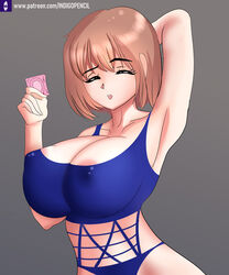 big_breasts bikini bikini_top breasts brown_hair closed_eyes condom digital_media_(artwork) fanart female female_only frisk indigopencil patreon patreon_username sexy_armpits undertale undertale_(series) undertale_fanfiction rating:Explicit score:70 user:INDIGOPENCIL