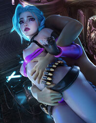 1boy 1girls 3d blue_hair braid breasts breasts_out fingerless_gloves foreplay gloves groping jinx_(league_of_legends) league_of_legends makeup purple_eyes purple_lipstick sevenbees shorts standing rating:Explicit score:130 user:ToggafNaelik