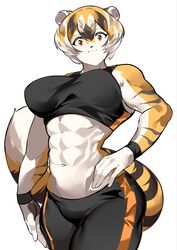 1girl abs big_breasts breasts female looking_at_viewer muscular muscular_female mx99926 oc smile smiling solo solo_focus sports_bra sportswear striped striped_body striped_fur stripes tail thick_thighs wide_hips rating:Explicit score:8 user:Ifyfy