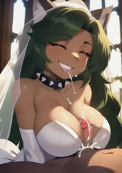  1girls ai_generated aifurryv2 animal_ear_fluff animal_ears breast_grab church church_interior cum cum_in_mouth cum_on_breasts cum_on_face dark-skinned_female faceless_male furry furry_ears green_hair grin medium_breasts oc original_character paizuri paizuri_over_clothes partial_male penis_between_breasts small_penis small_penis_adoration smile tiny_penis veil wedding_dress  rating:explicit score: user:aifurryv2