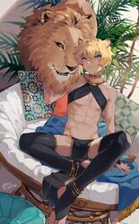 animal_ears anklet belly belly_button black_thighhighs blonde_hair blue_eyes bridal_gauntlets bridal_legwear choker closed_mouth dark-skinned_male dark_skin feet femboy feminine feminine_male foot girly gold_trim high_resolution jewelry lion lion_boy lion_ears lion_tail looking_at_viewer male male_focus male_only muscular muscular_male only_male original pelvic_curtain pillow potti-p scar scar_on_face shiny shiny_clothes shiny_hair shiny_skin short_hair sitting smile smiling smiling_at_viewer solo solo_focus solo_male stirrup_legwear stomach tail thighhighs rating:Questionable score:122 user:WopieDopie