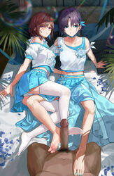 1boy 2girls absurdres arm_support asakura_toru ass asymmetrical_clothes bangs barefoot belt blue_belt blue_eyes blue_nails blue_ribbon blue_skirt blue_tank_top blush bracelet breasts brown_hair censored clothed_female_nude_male cooperative_footjob crop_top dark-skinned_male dark_skin earrings feet ffm_threesome frown grin hair_intakes hair_ornament hair_over_eyes hair_over_one_eye hair_ribbon hairclip highres higuchi_madoka idolmaster idolmaster_shiny_colors interracial jewelry kneeling large_penis leg_between_thighs legs light-skinned_female light_skin looking_at_viewer lying medium_breasts midriff miniskirt mole mole_under_eye mosaic_censoring multiple_girls nail_polish navel neck_ribbon nude on_side panties parted_bangs penis petals pleated_skirt pov puffy_short_sleeves puffy_sleeves purple_eyes purple_hair ribbon shirt short_hair short_sleeves sitting skirt smile soap_bubbles soles striped striped_panties tank_top thighhighs threesome toenail_polish toenails underwear vertical-striped_panties vertical_stripes white_panties white_shirt white_tank_top x_hair_ornament yuebaihezi rating:Explicit score:66 user:bot