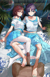 1boy 2girls absurdres arm_support asakura_toru ass asymmetrical_clothes bangs barefoot belt blue_belt blue_eyes blue_nails blue_ribbon blue_skirt blue_tank_top blush bracelet breasts brown_hair censored clothed_female_nude_male cooperative_footjob crop_top cum cum_on_body cum_on_clothes cum_on_feet cum_on_legs dark-skinned_male dark_skin earrings feet ffm_threesome frown grin hair_intakes hair_ornament hair_over_eyes hair_over_one_eye hair_ribbon hairclip highres higuchi_madoka idolmaster idolmaster_shiny_colors interracial jewelry kneeling large_penis leg_between_thighs legs light-skinned_female light_skin looking_at_viewer lying medium_breasts midriff miniskirt mole mole_under_eye mosaic_censoring multiple_girls nail_polish navel neck_ribbon nude on_side panties parted_bangs penis petals pleated_skirt pov puffy_short_sleeves puffy_sleeves purple_eyes purple_hair ribbon shirt short_hair short_sleeves sitting skirt smile soap_bubbles soles striped striped_panties tank_top thighhighs threesome toenail_polish toenails underwear vertical-striped_panties vertical_stripes white_panties white_shirt white_tank_top x_hair_ornament yuebaihezi rating:Explicit score:123 user:bot