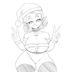 1girls alternate_breast_size bedroom_eyes bell_collar big_breasts christmas chronoa cleavage dragon_ball dragon_ball_xenoverse kappa_spark leggings peace_sign santa_costume santa_hat shortstack solo thick_thighs rating:Questionable score:111 user:Fukemall