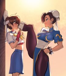 artist_request blush bullying capcom chun-li clothing dominant_female female footwear handwear human kabedon leg_kabedon leg_up pale_skin pantyhose sakura_kasugano street_fighter teasing thick_thighs yuri rating:Questionable score:252 user:IPfreely