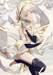 1boy androgynous bird blue_gloves blue_thighhighs bridal_gauntlets brown_eyes commentary_request commission crossdressing detached_collar detached_sleeves feathers feet femboy feminine feminine_male girly gloves gold_trim grey_background grey_hair highres legs looking_at_viewer male_focus no_shoes original otoko_no_ko otokonoko over-kneehighs potti-p revealing_clothes shadow short_hair signature skeb_commission solo staff standing standing_on_one_leg stirrup_legwear thighhighs thighs toeless_legwear toes topless_male trap twitter_username white_headwear rating:Questionable score:63 user:WopieDopie